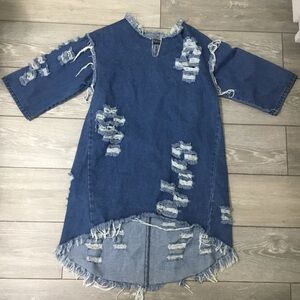 THRILL JEANS The Collection Distressed Ripped Hi Low Shirt Dress 3/4 Sleeve L